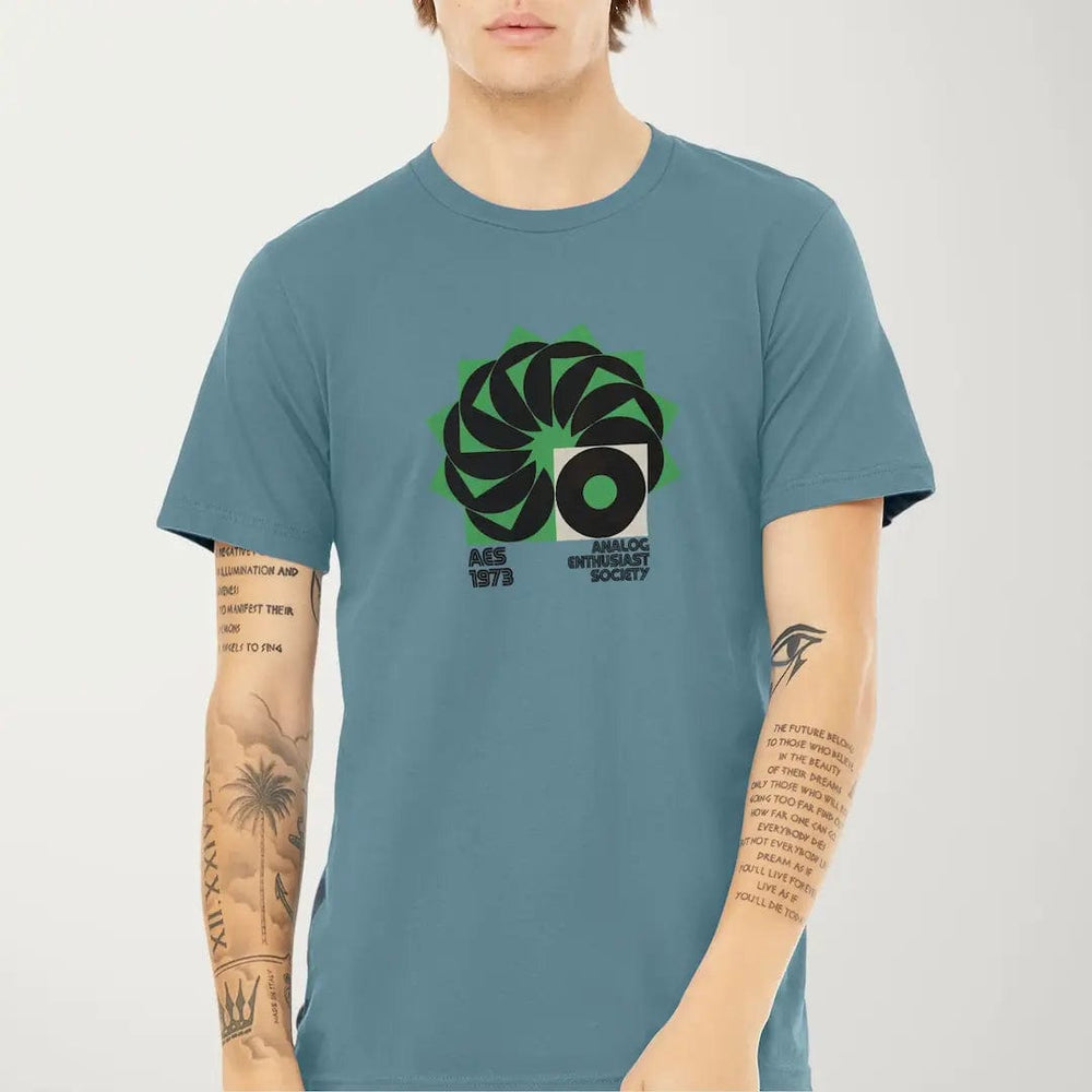 analog enthusiast society classic tee in steel blue, worn