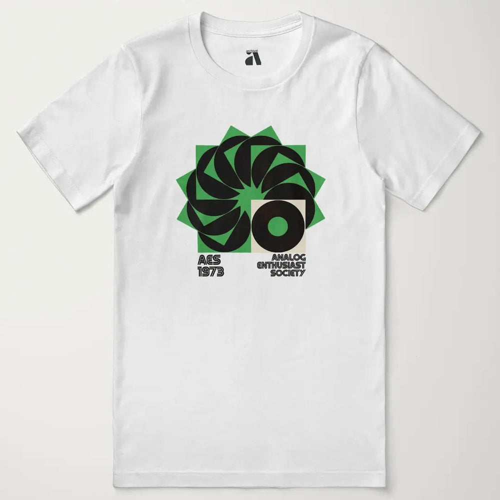 analog enthusiast society classic tee in vintage white, laid flat
