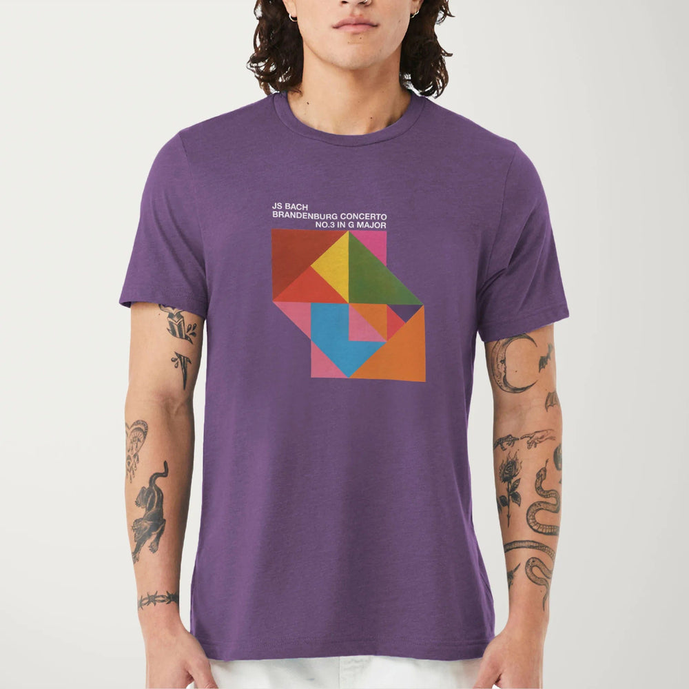 bach: brandenburg concerto no. 3 classic tee in heather team purple, worn
