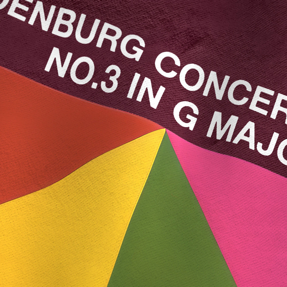 bach: brandenburg concerto no. 3 classic crewneck in maroon, close-up of the print