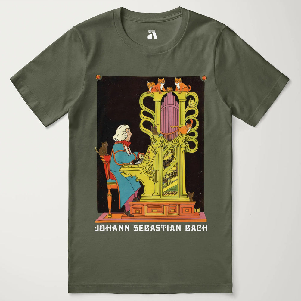 bach: organ cats classic tee in military green, laid flat