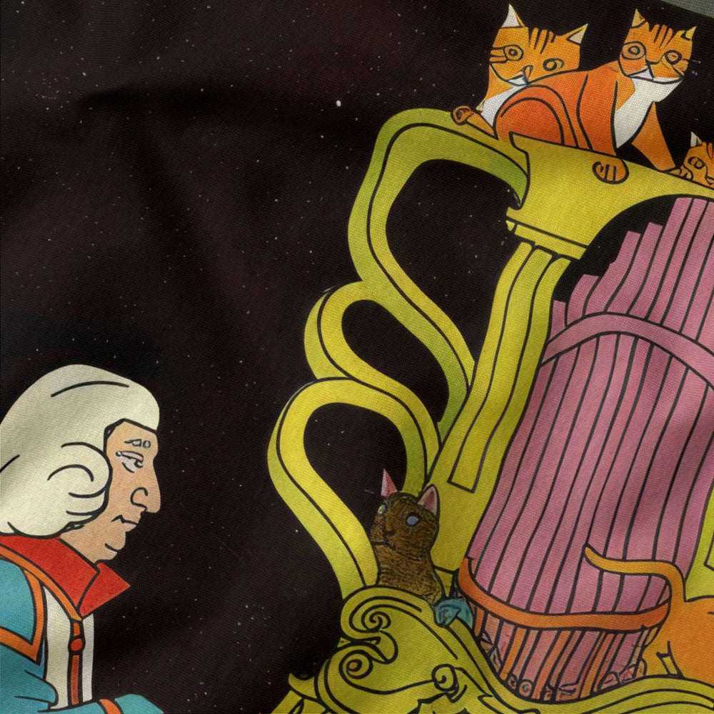 bach: organ cats classic tee in military green, close-up of the print