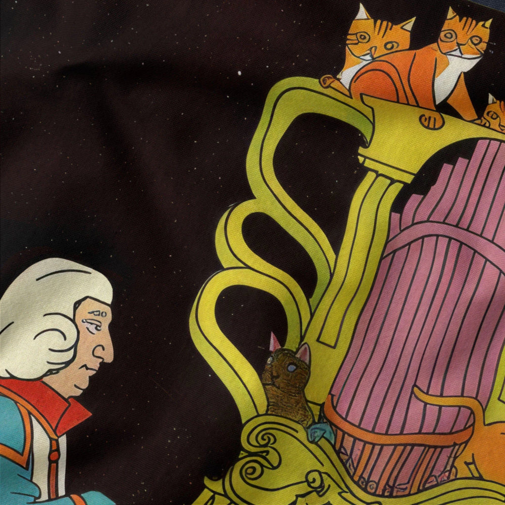bach: organ cats classic tee in navy, close-up of the print