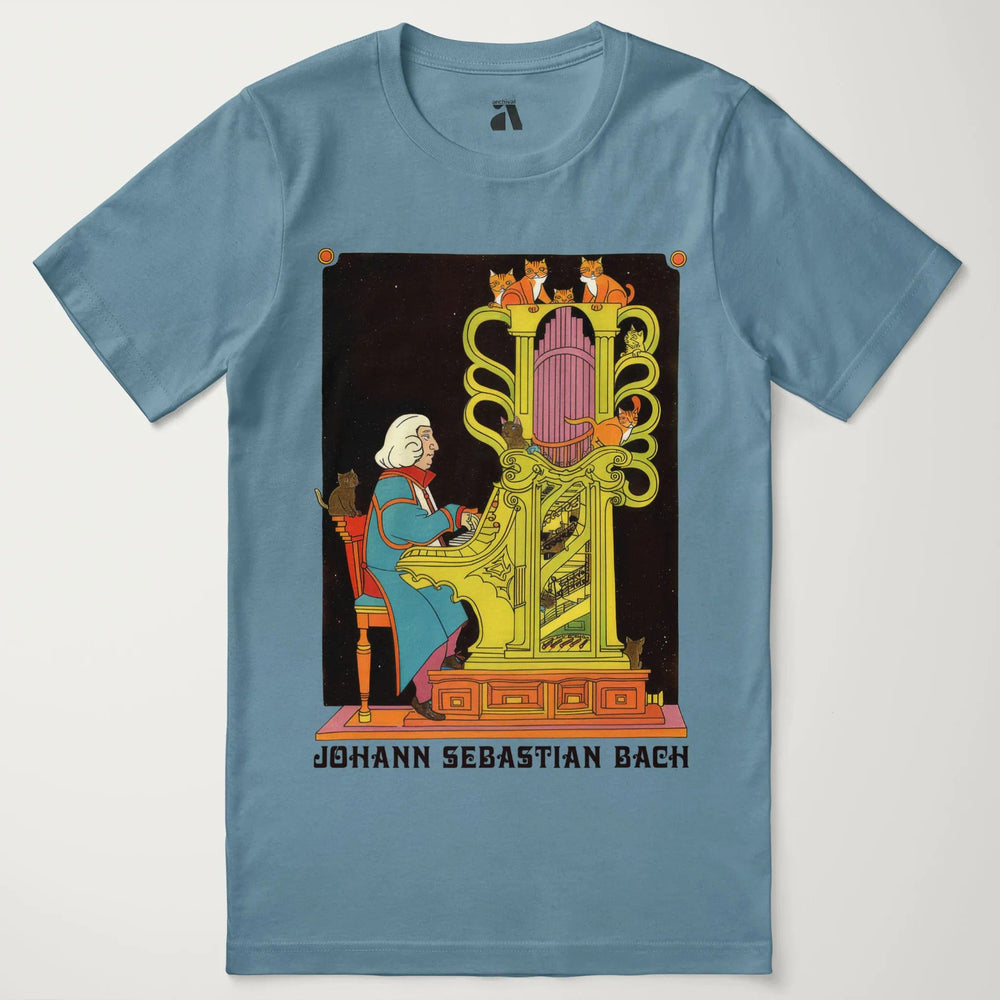 bach: organ cats classic tee in steel blue, laid flat
