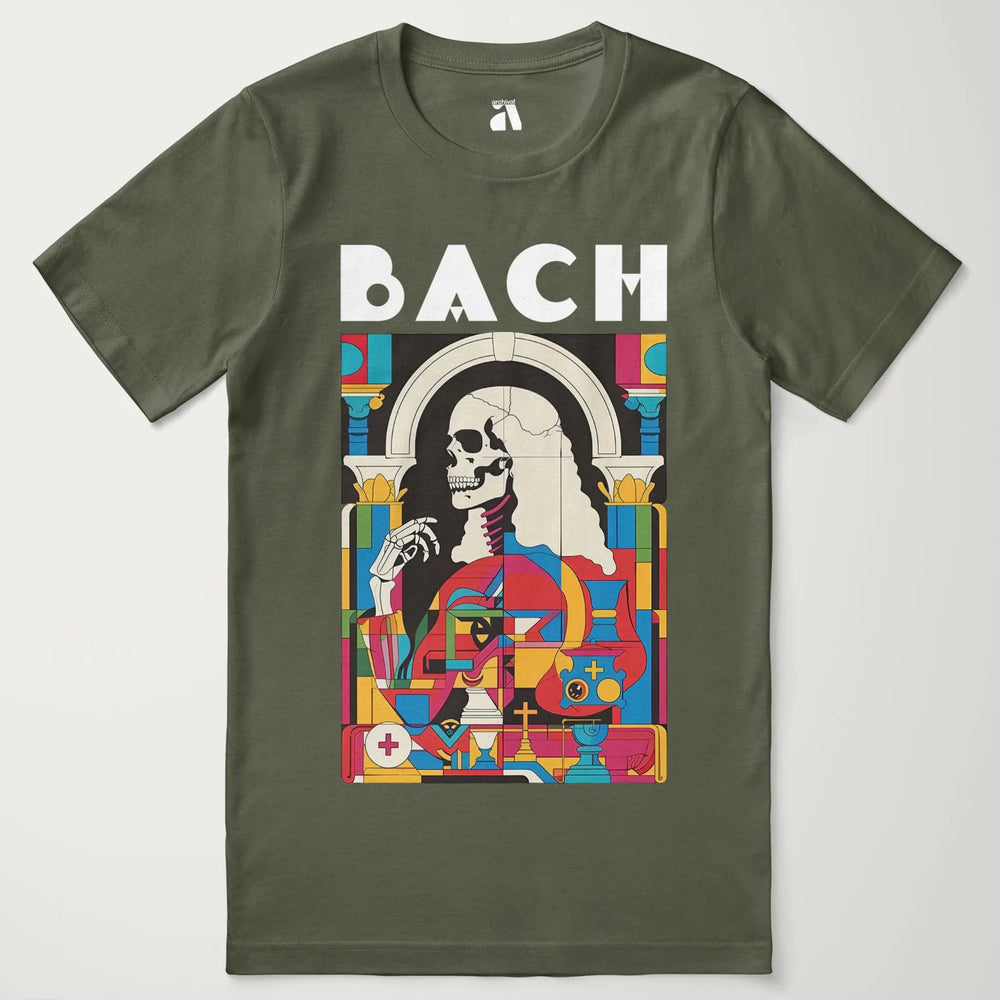 j.s. bach: skeleton classic tee in military green, laid flat