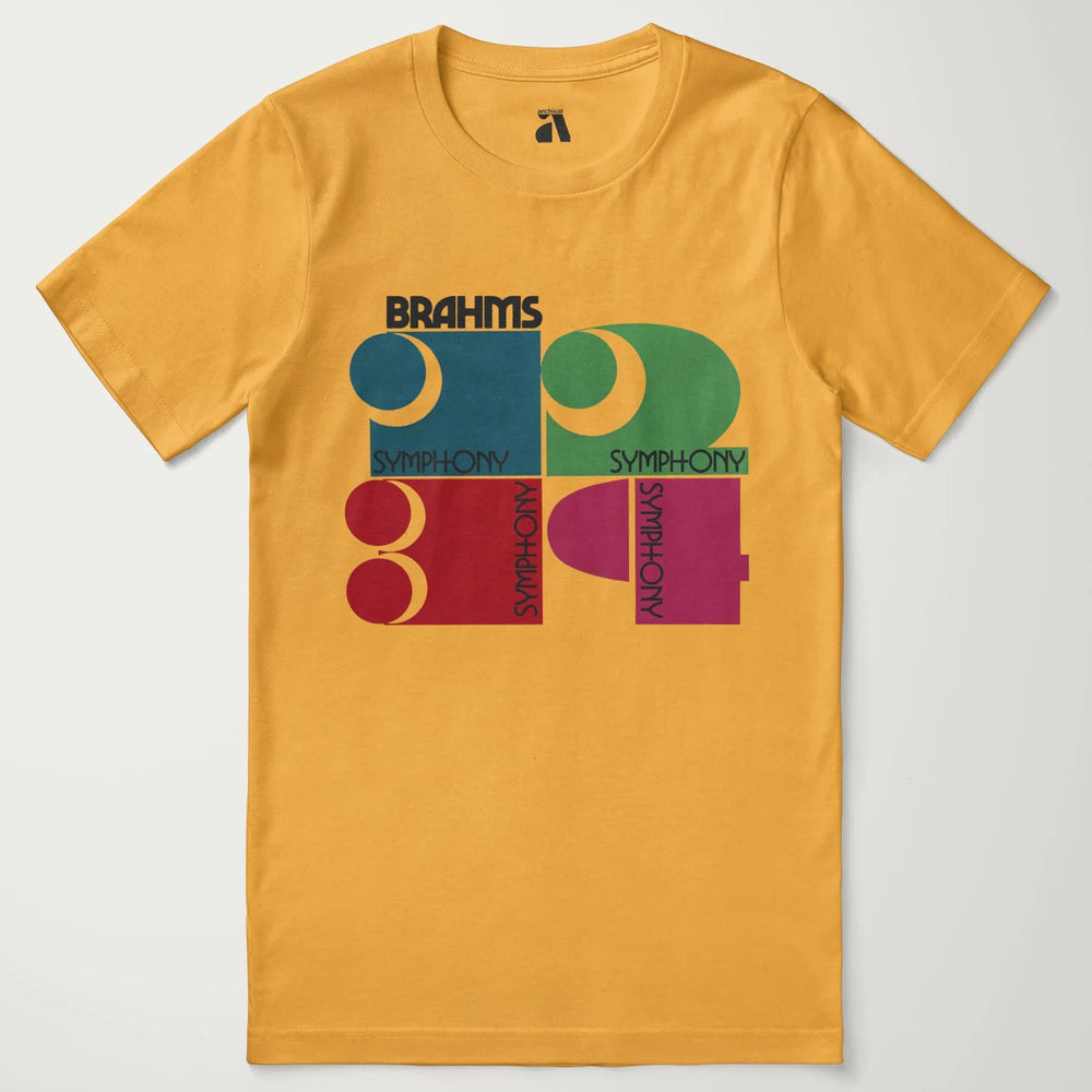 brahms: four symphonies classic tee in mustard, laid flat