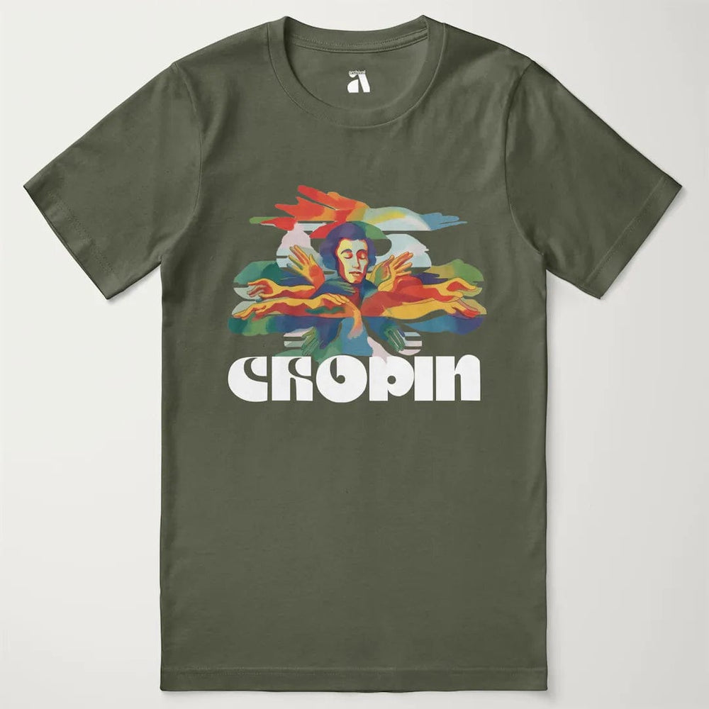 chopin: illustrated classic tee in military green, laid flat