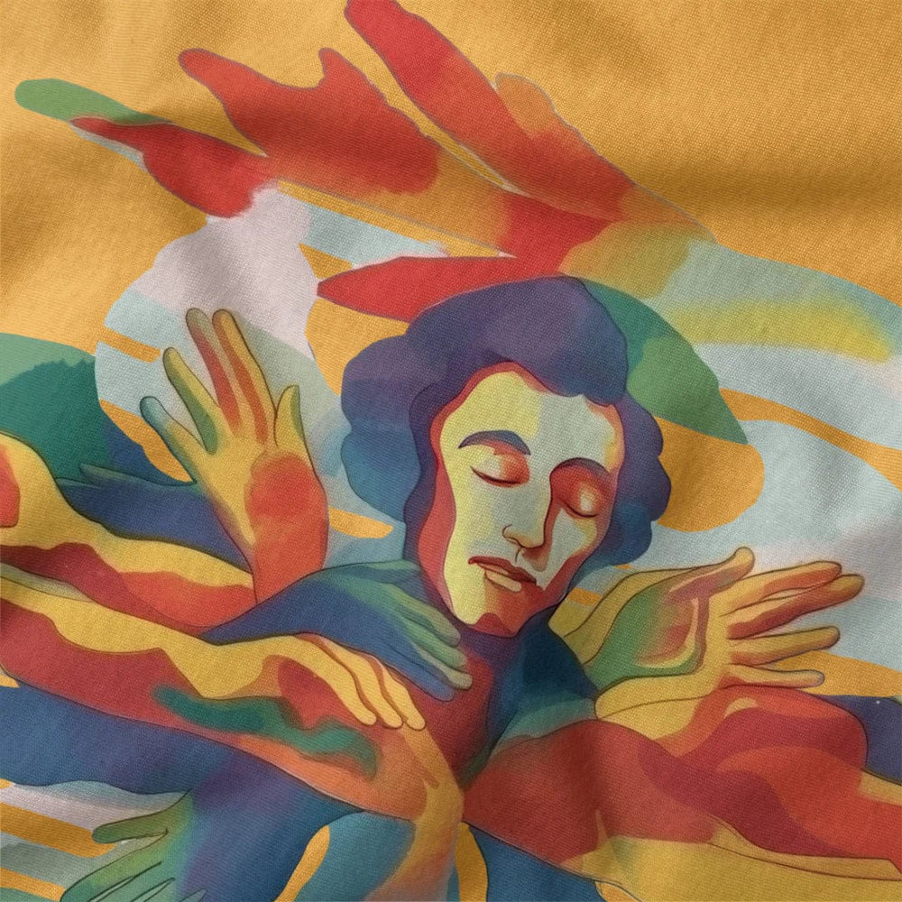 chopin: illustrated classic tee in mustard, close-up of the print