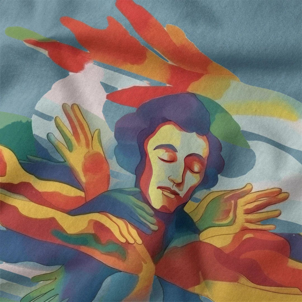chopin: illustrated classic tee in steel blue, close-up of the print