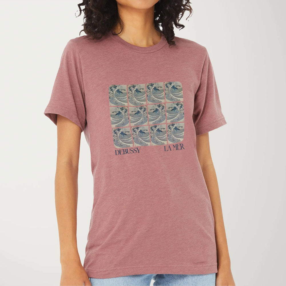 claude debussy: la mer classic tee in heather mauve, worn