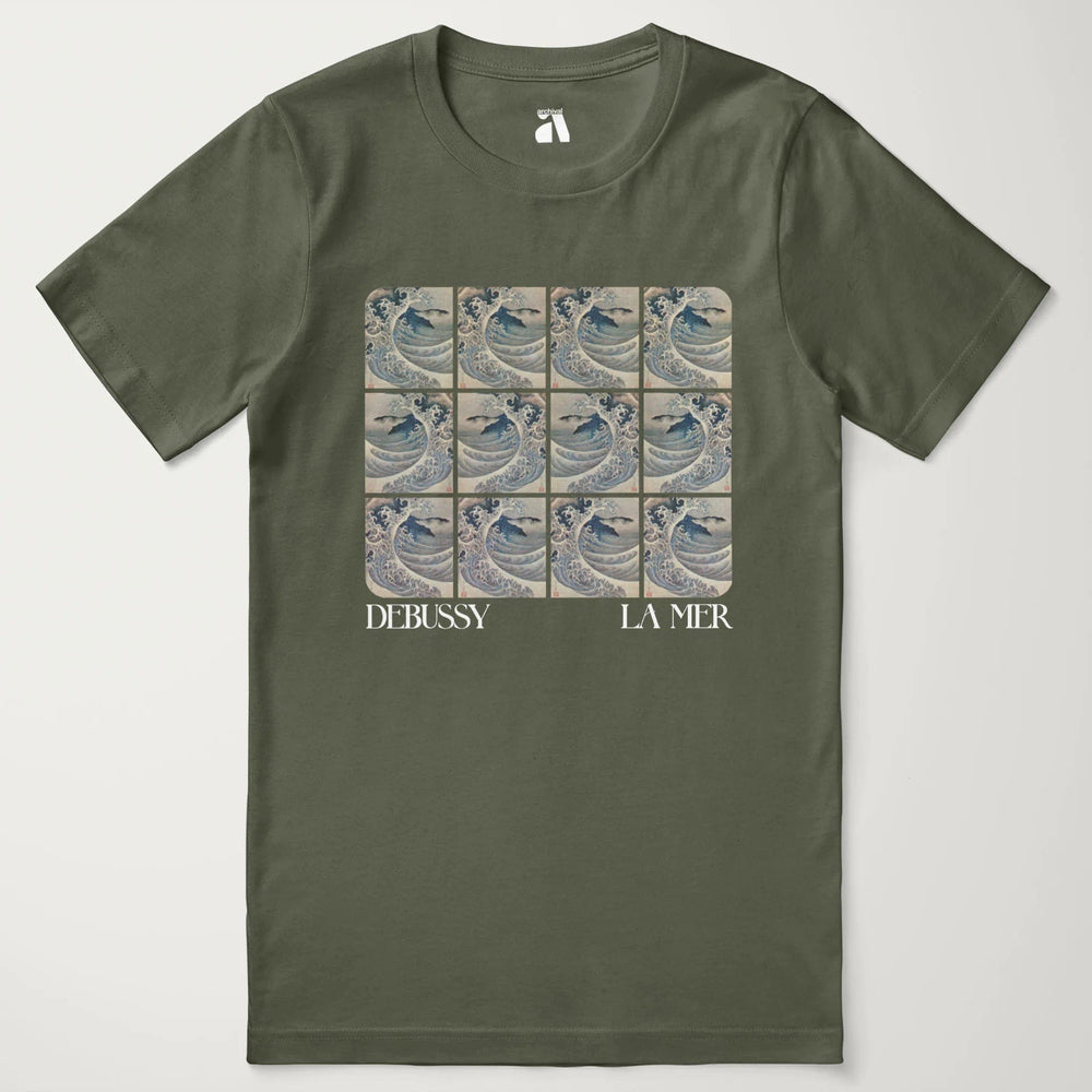 claude debussy: la mer classic tee in military green, laid flat