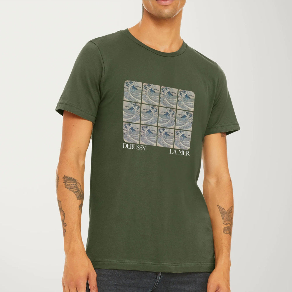claude debussy: la mer classic tee in military green, worn