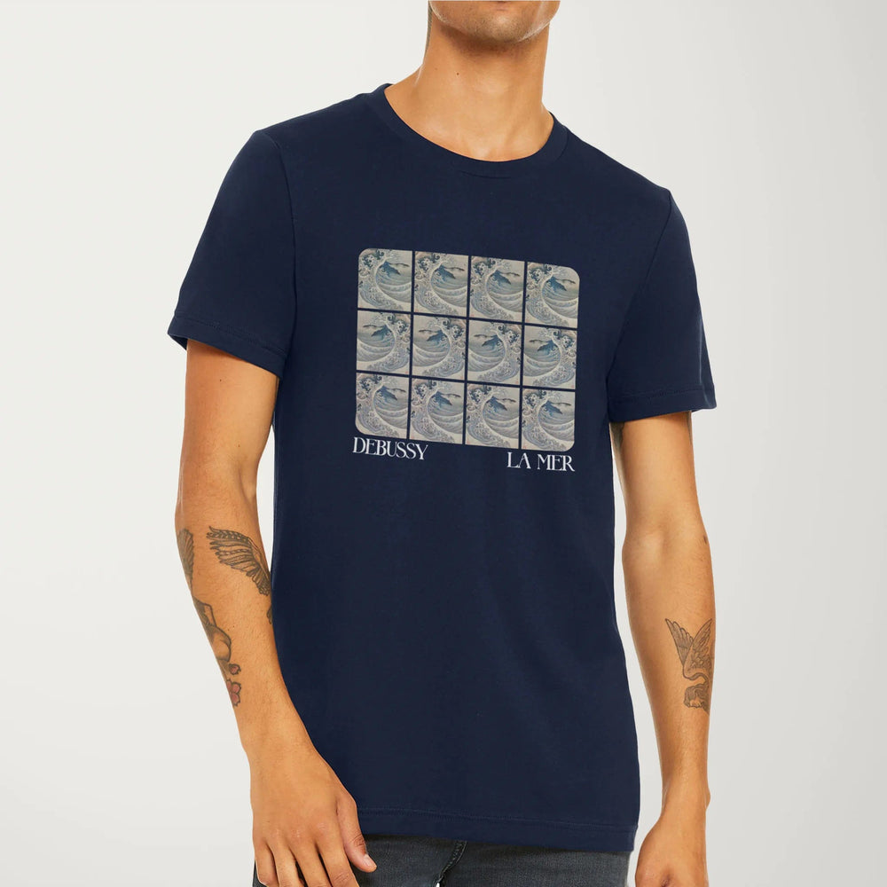 claude debussy: la mer classic tee in navy, worn
