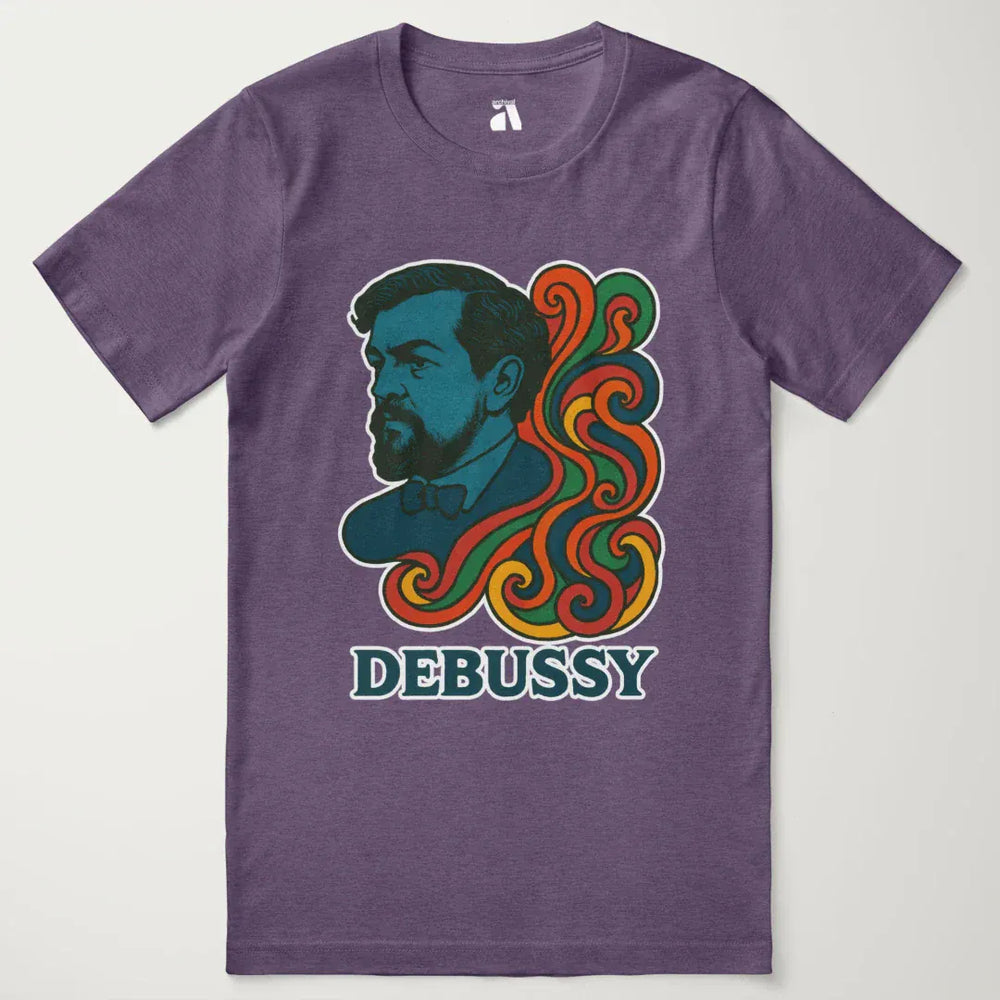 debussy: tone poem classic tee in heather team purple, laid flat