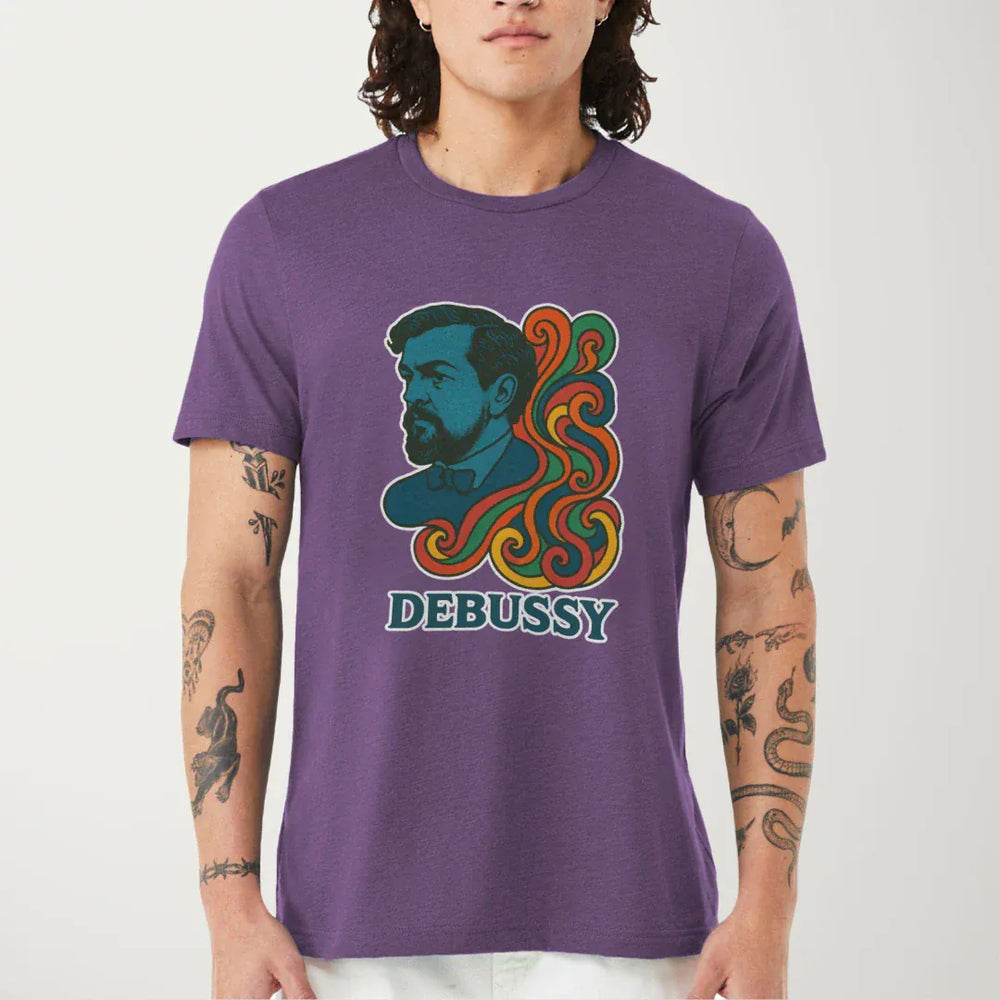 debussy: tone poem classic tee in heather team purple, worn