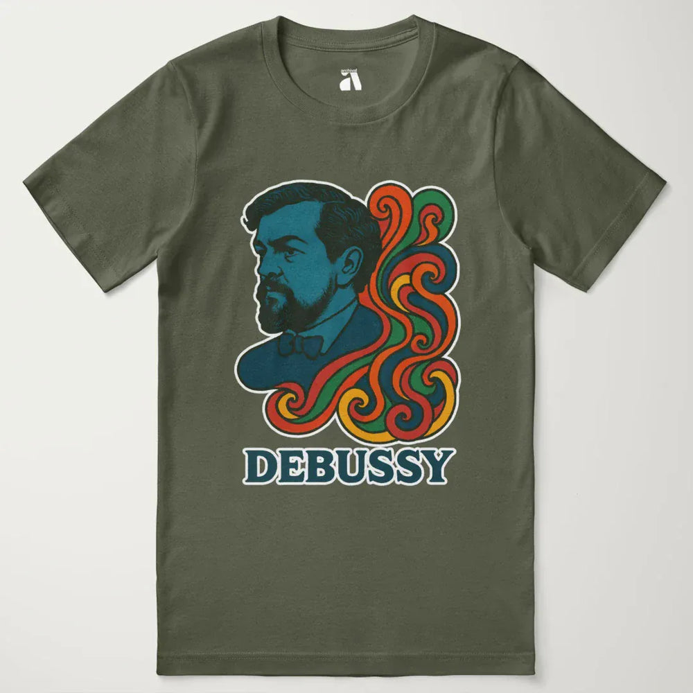 debussy: tone poem classic tee in military green, laid flat