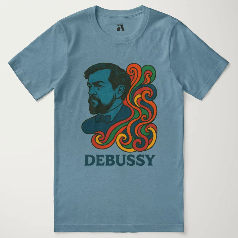 debussy: tone poem classic tee in steel blue, laid flat