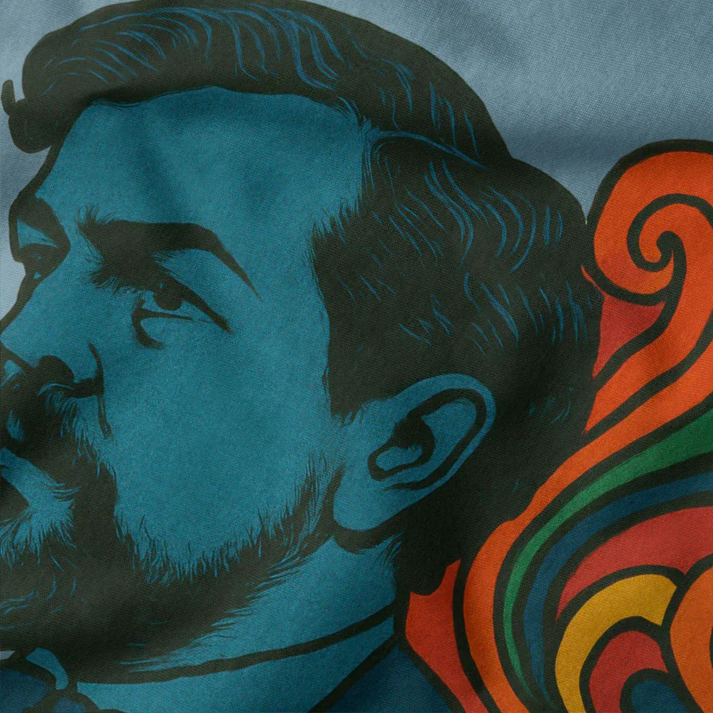 debussy: tone poem classic tee in steel blue, close-up of the print