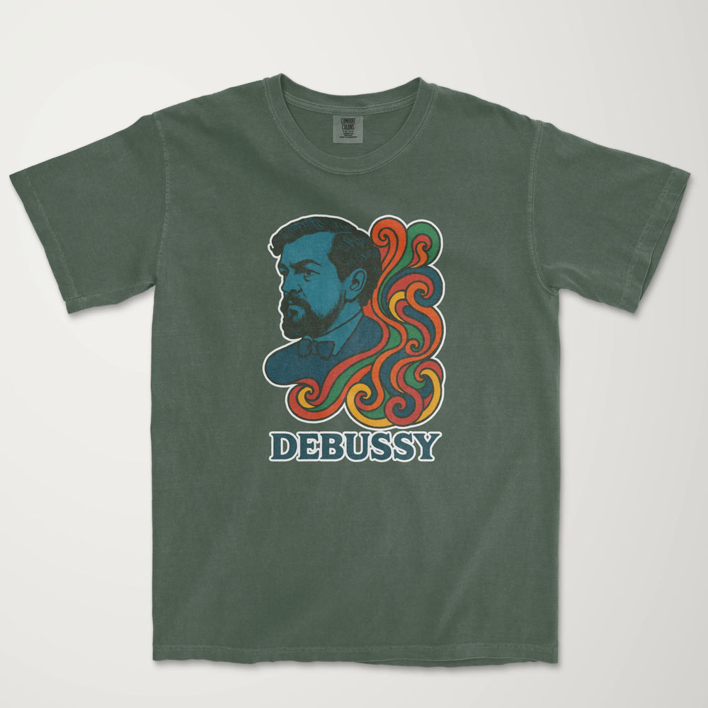 debussy: tone poem vintage heavyweight tee in moss, laid flat