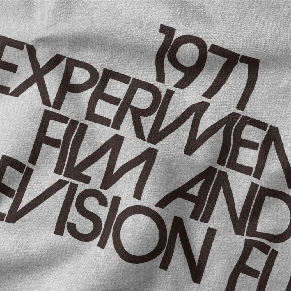 experimental film & television fund classic tee in athletic heather, close-up of the print