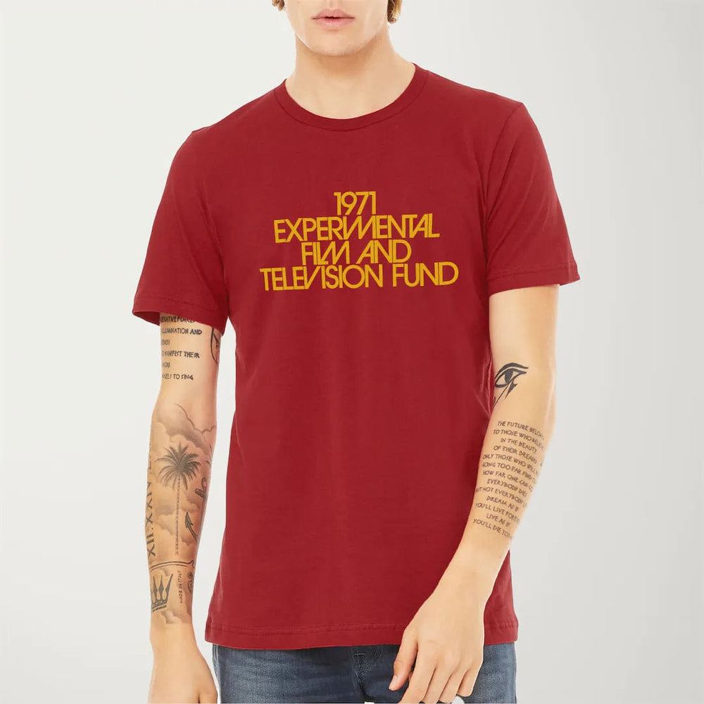 experimental film & television fund classic tee in canvas red, worn