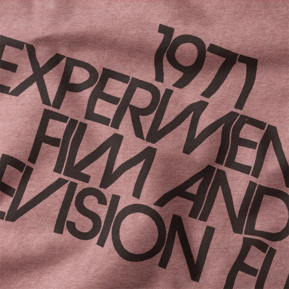 experimental film & television fund classic tee in heather mauve, close-up of the print