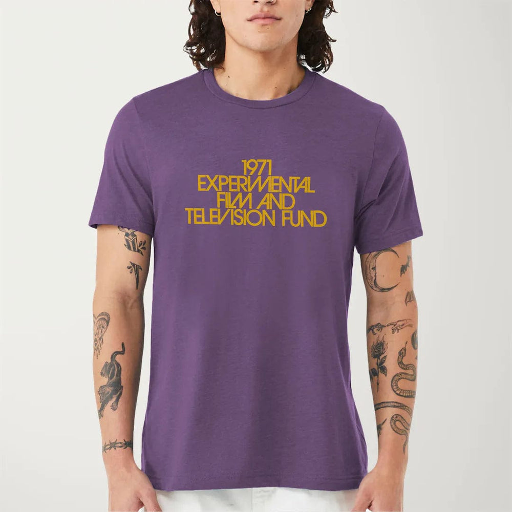 experimental film & television fund classic tee in heather team purple, worn