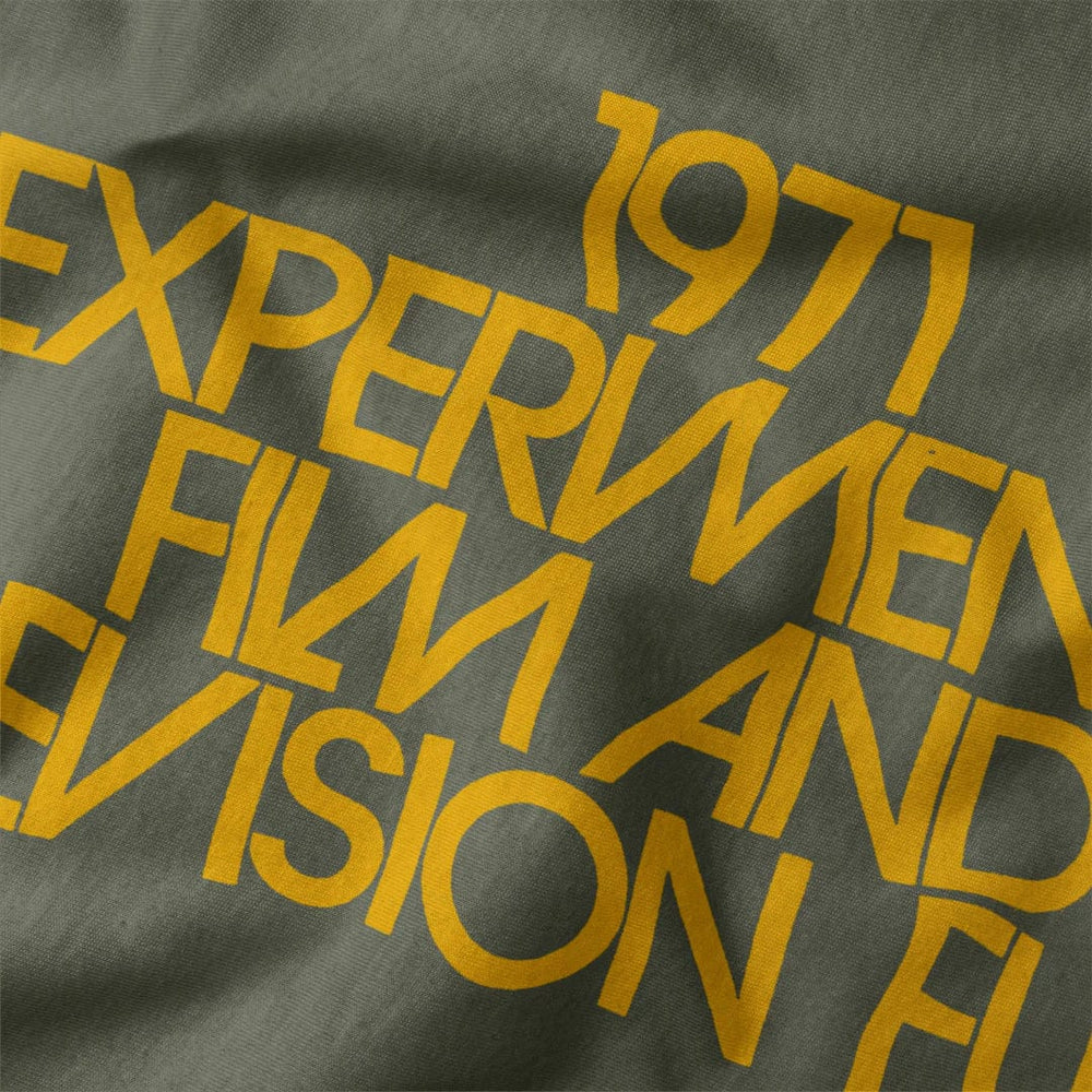 experimental film & television fund classic tee in military green, close-up of the print