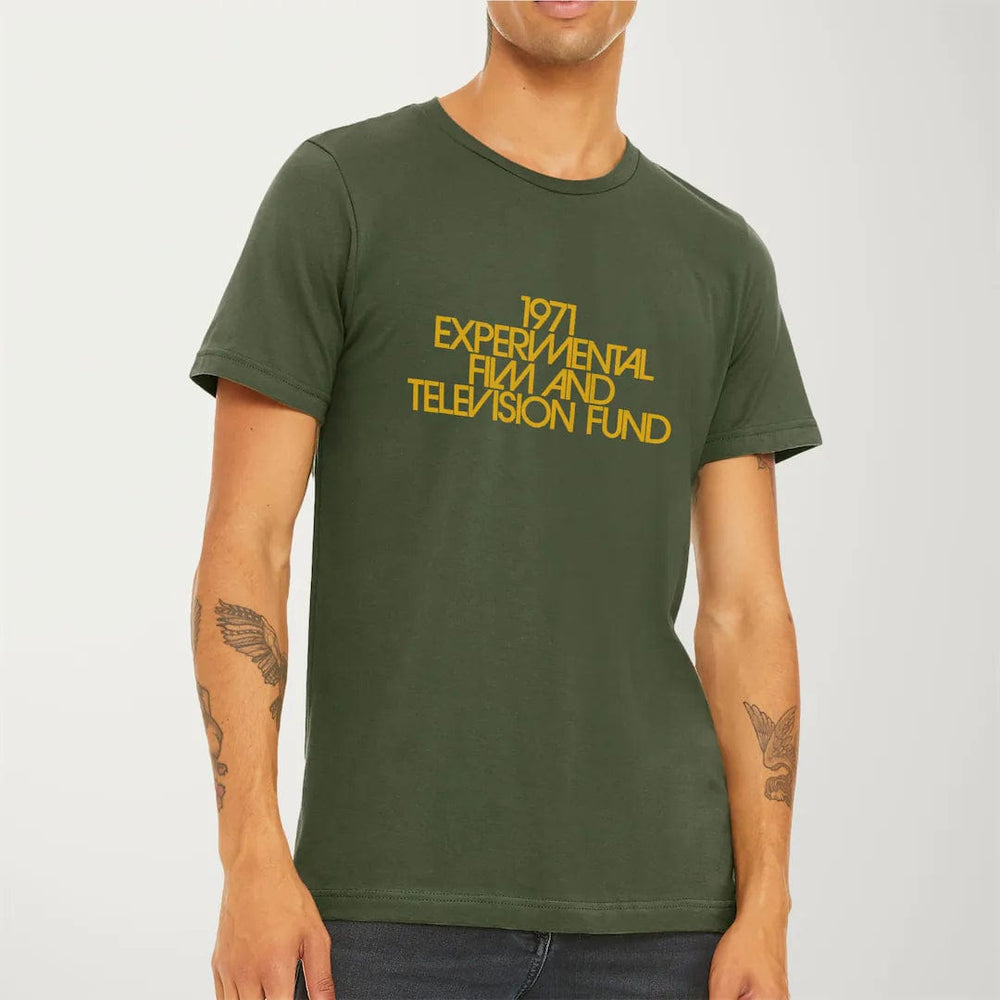 experimental film & television fund classic tee in military green, worn
