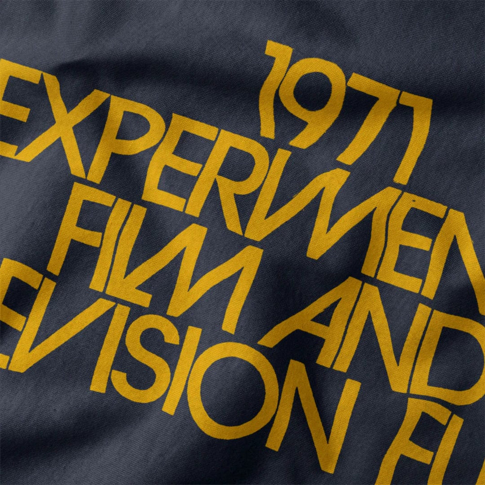 experimental film & television fund classic tee in navy, close-up of the print