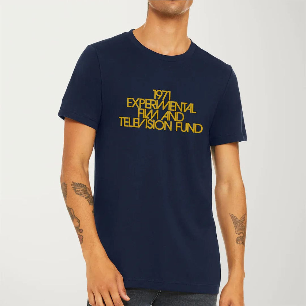 experimental film & television fund classic tee in navy, worn