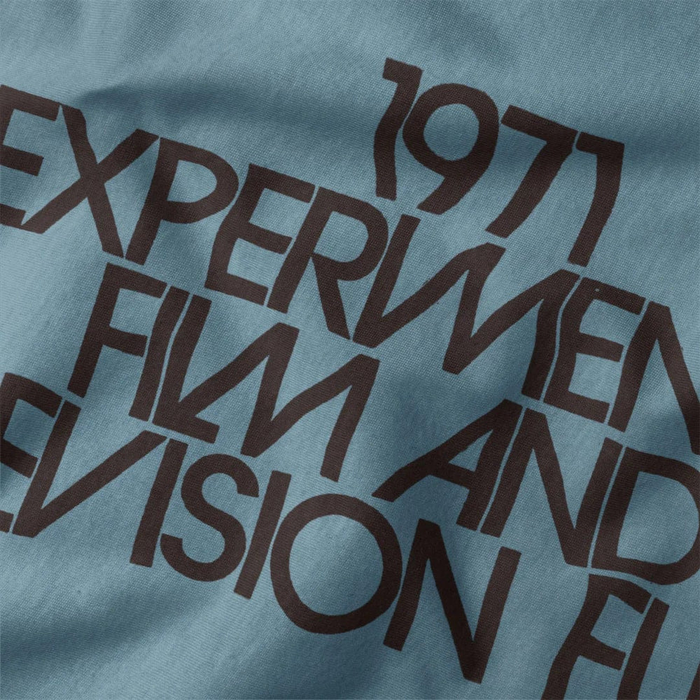 experimental film & television fund classic tee in steel blue, close-up of the print