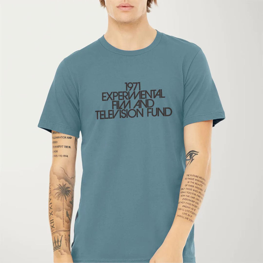 experimental film & television fund classic tee in steel blue, worn