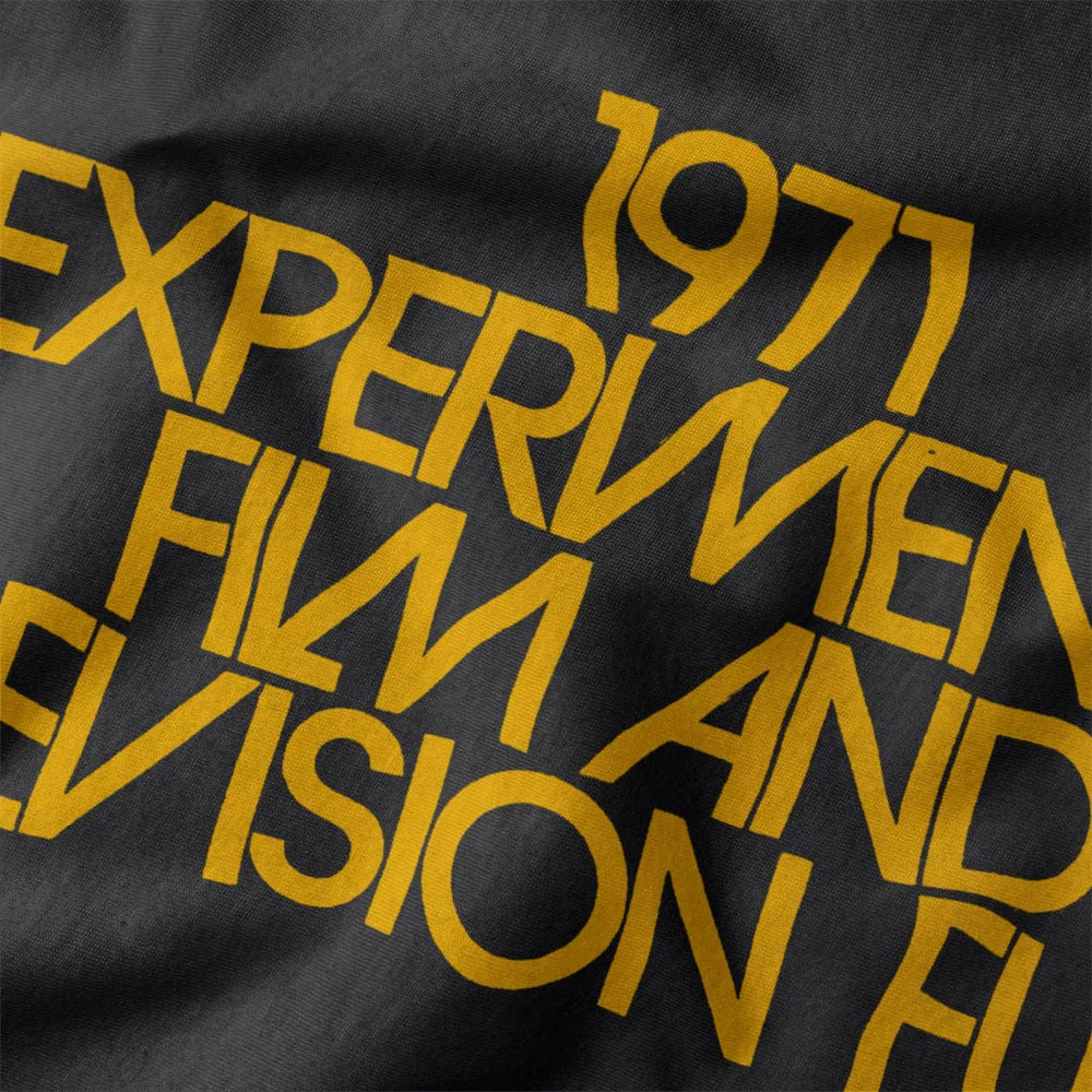 experimental film & television fund classic tee in vintage black, close-up of the print