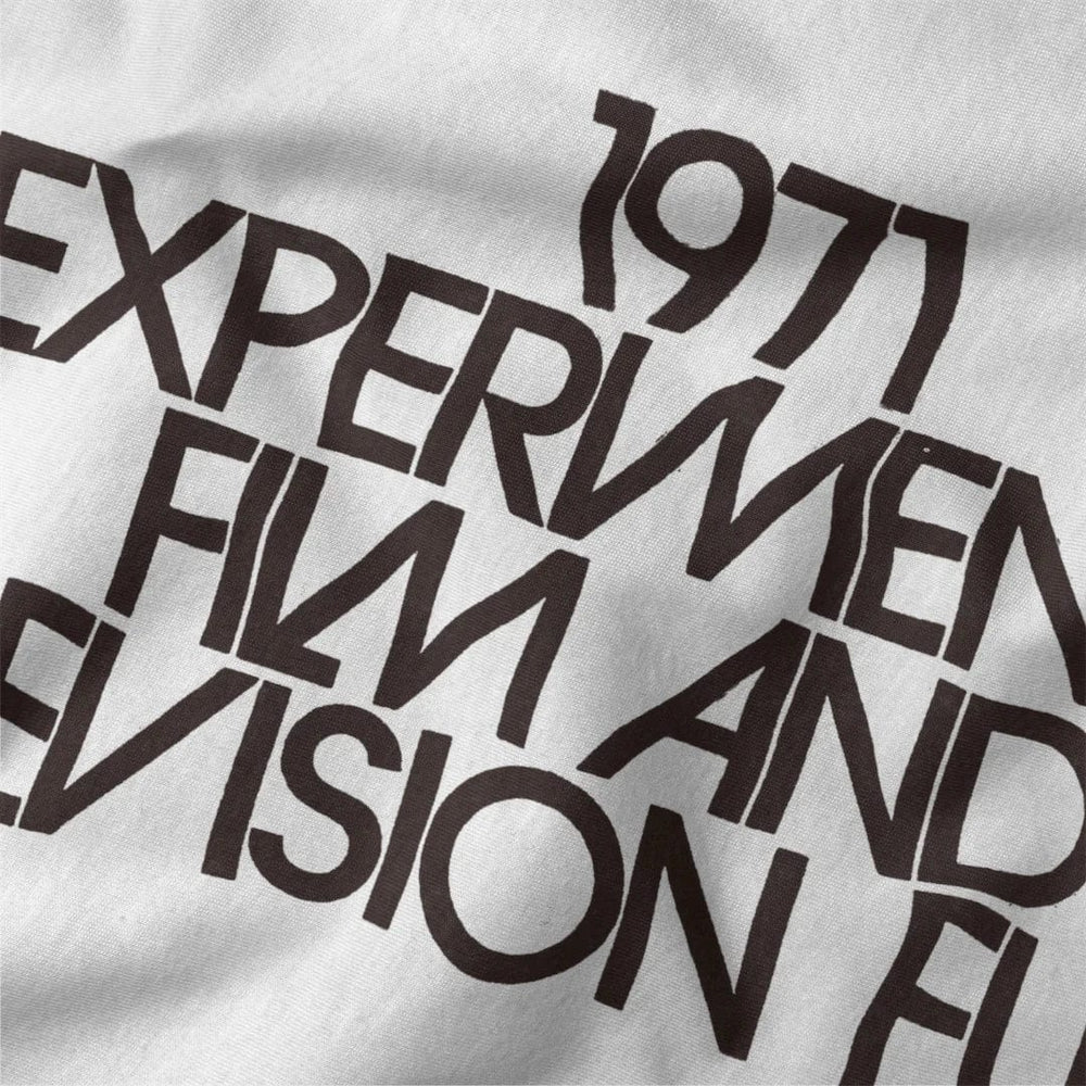 experimental film & television fund classic tee in vintage white, close-up of the print