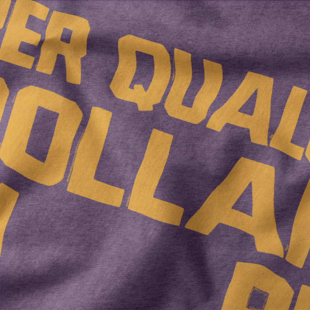 for a few dollars more: italiano classic tee in heather team purple, close-up of the print