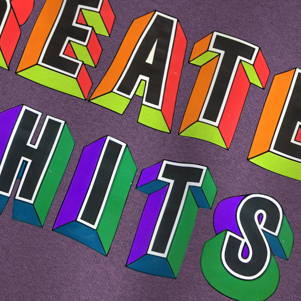 Greatest Hits Classic Tee in Heather Team Purple, close-up