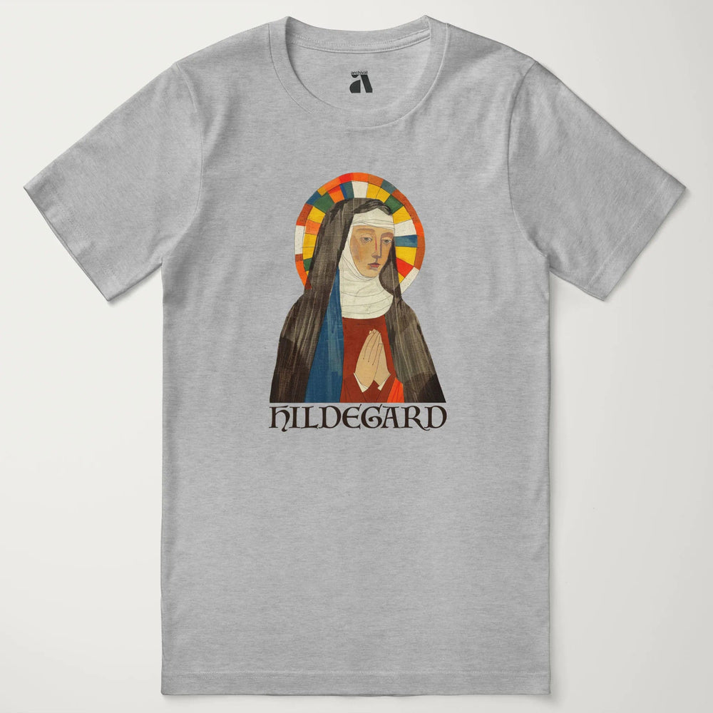 hildegard von bingen: the saint classic tee in athletic heather, laid flat