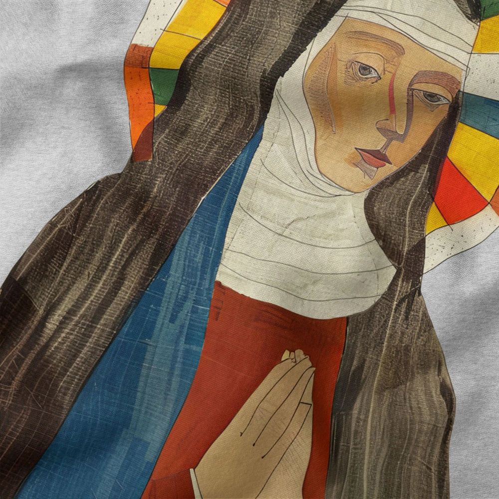 hildegard von bingen: the saint classic tee in athletic heather, close-up of the print