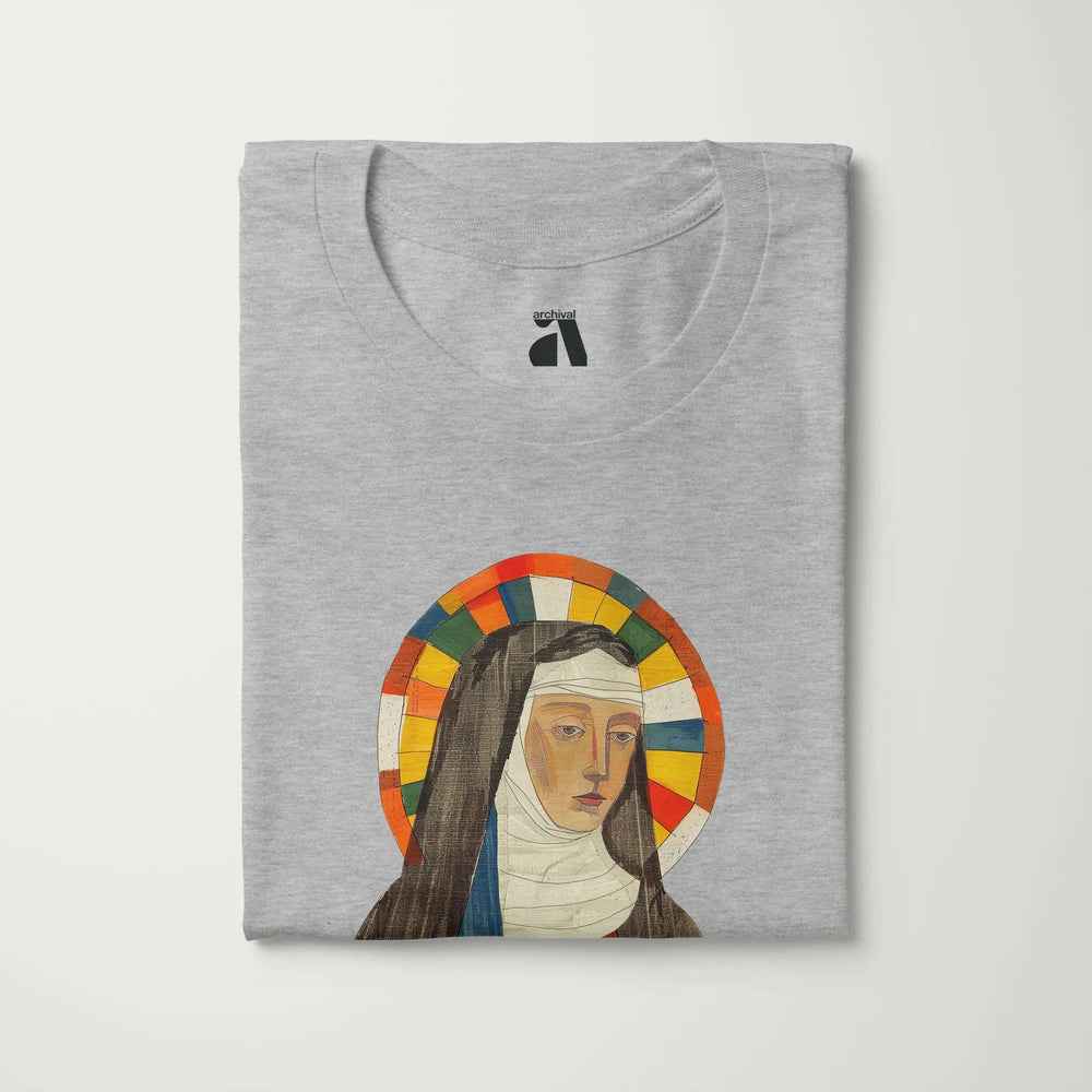 hildegard von bingen: the saint classic tee in athletic heather, folded