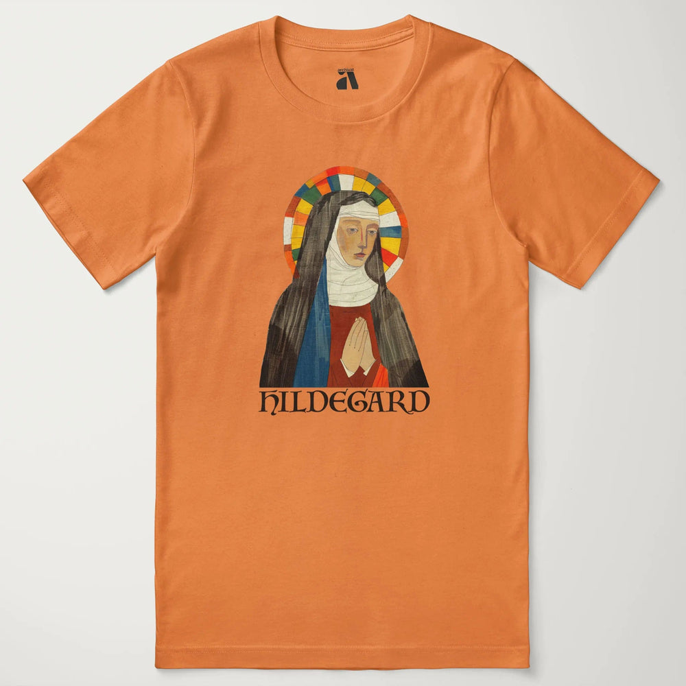 hildegard von bingen: the saint classic tee in burnt orange, laid flat
