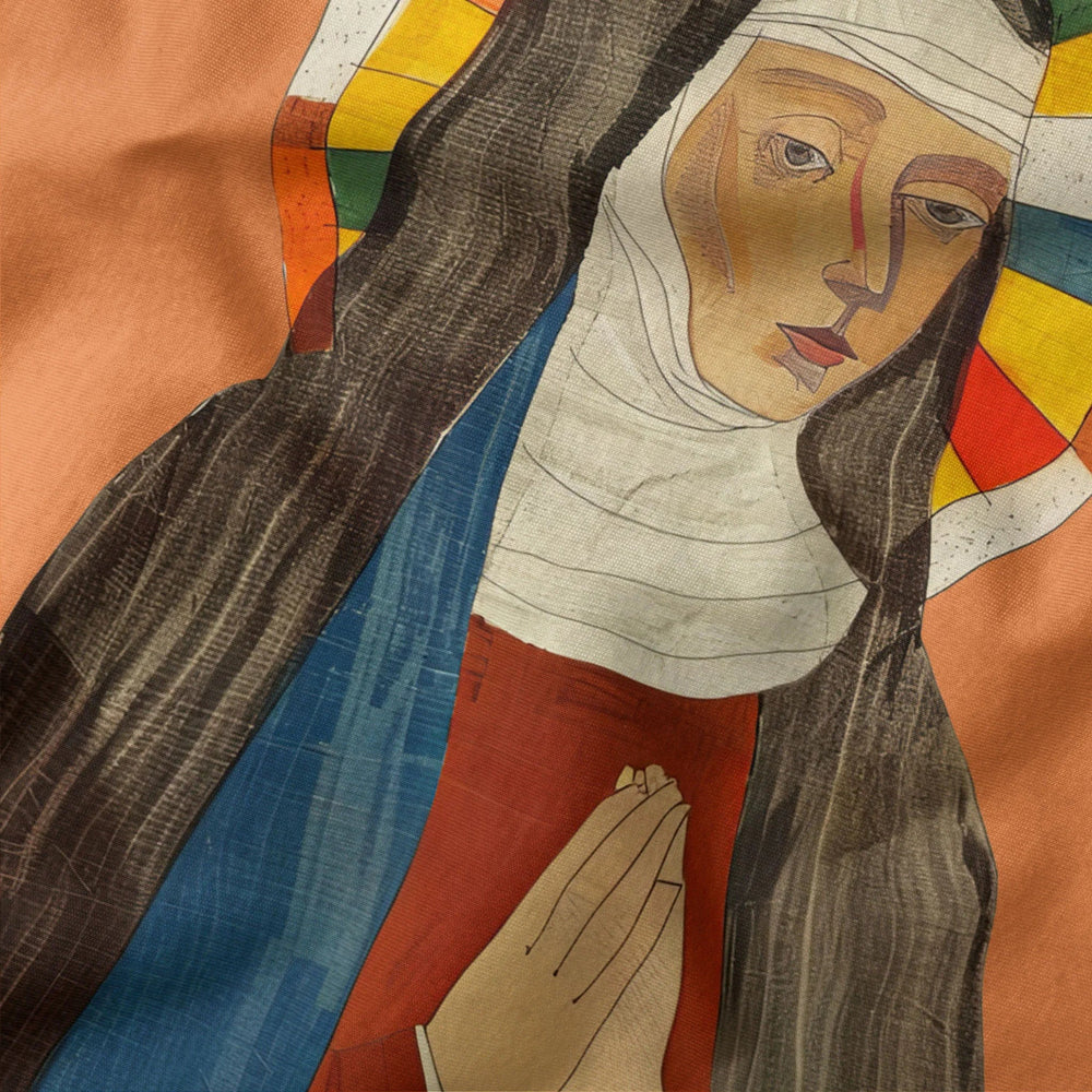hildegard von bingen: the saint classic tee in burnt orange, close-up of the print