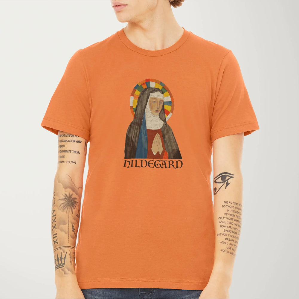 hildegard von bingen: the saint classic tee in burnt orange, worn