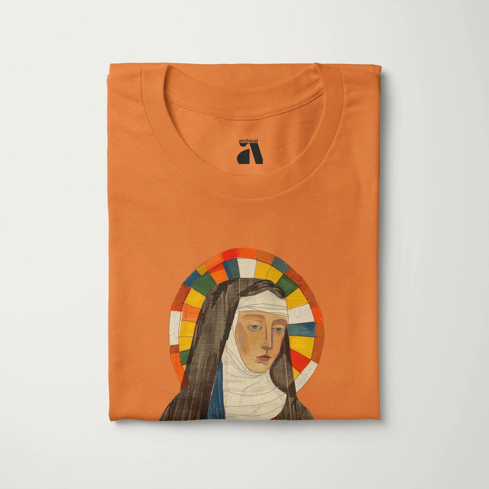 hildegard von bingen: the saint classic tee in burnt orange, folded