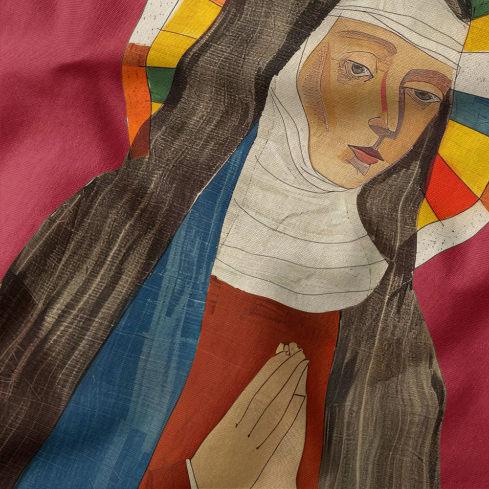 hildegard von bingen: the saint classic tee in canvas red, close-up of the print