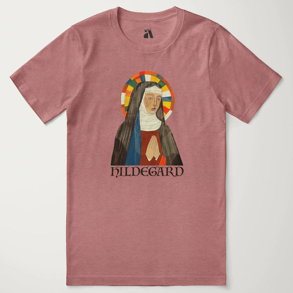 hildegard von bingen: the saint classic tee in heather mauve, laid flat