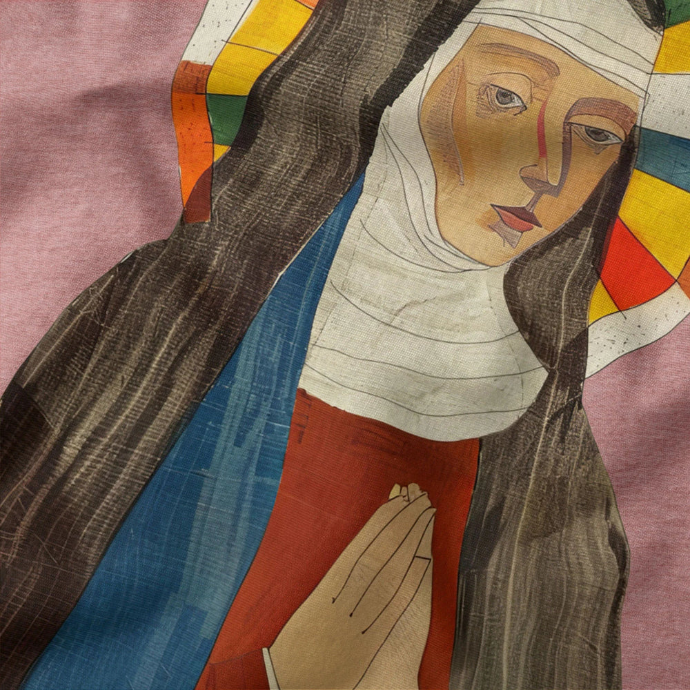 hildegard von bingen: the saint classic tee in heather mauve, close-up of the print