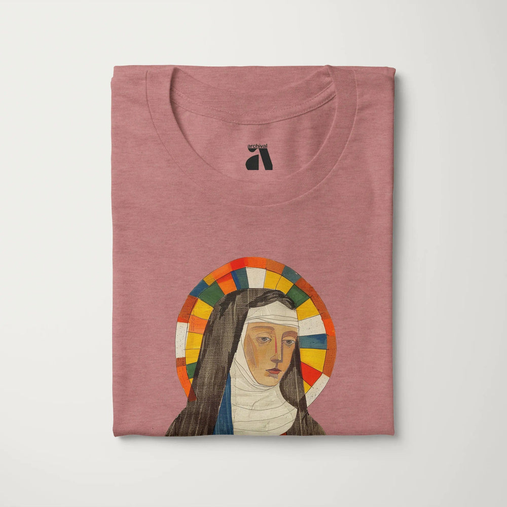 hildegard von bingen: the saint classic tee in heather mauve, folded