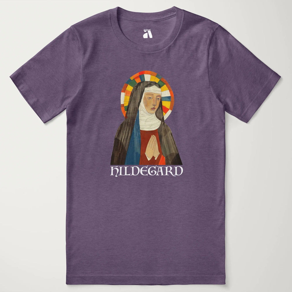 hildegard von bingen: the saint classic tee in heather team purple, laid flat