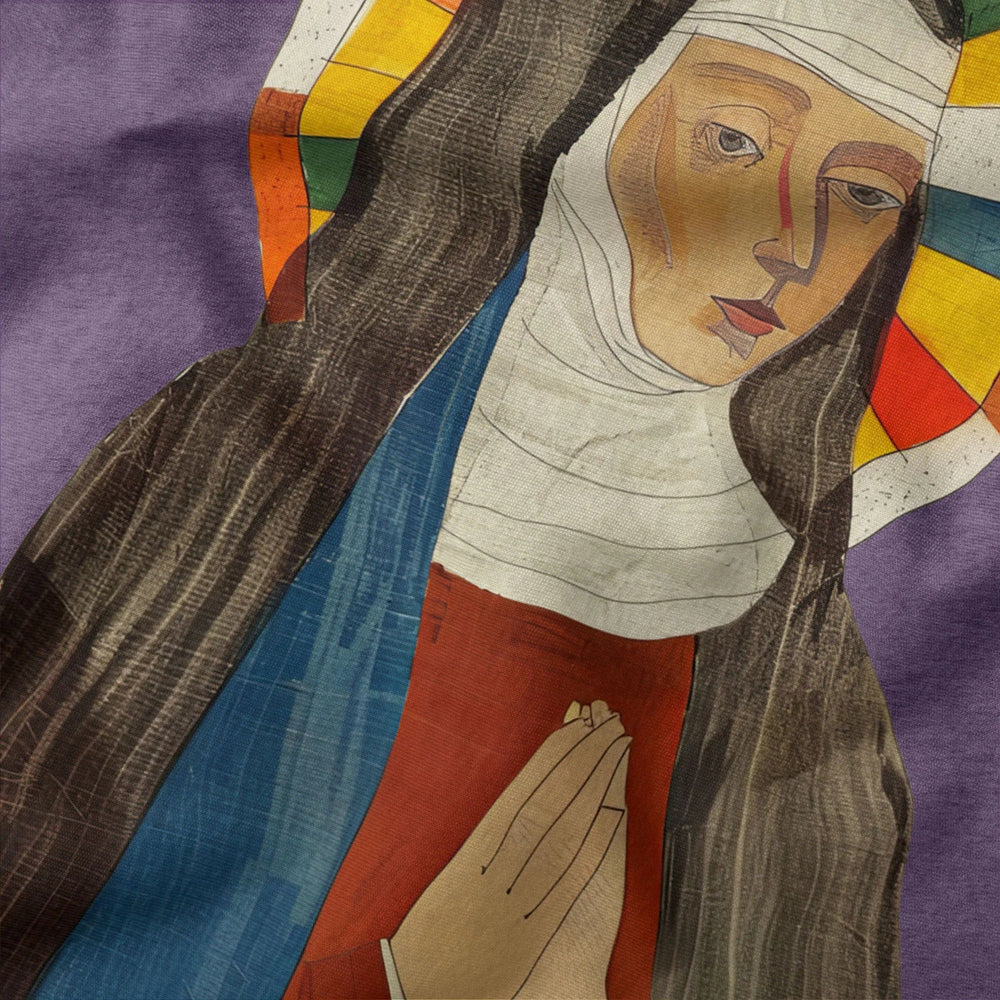 hildegard von bingen: the saint classic tee in heather team purple, close-up of the print